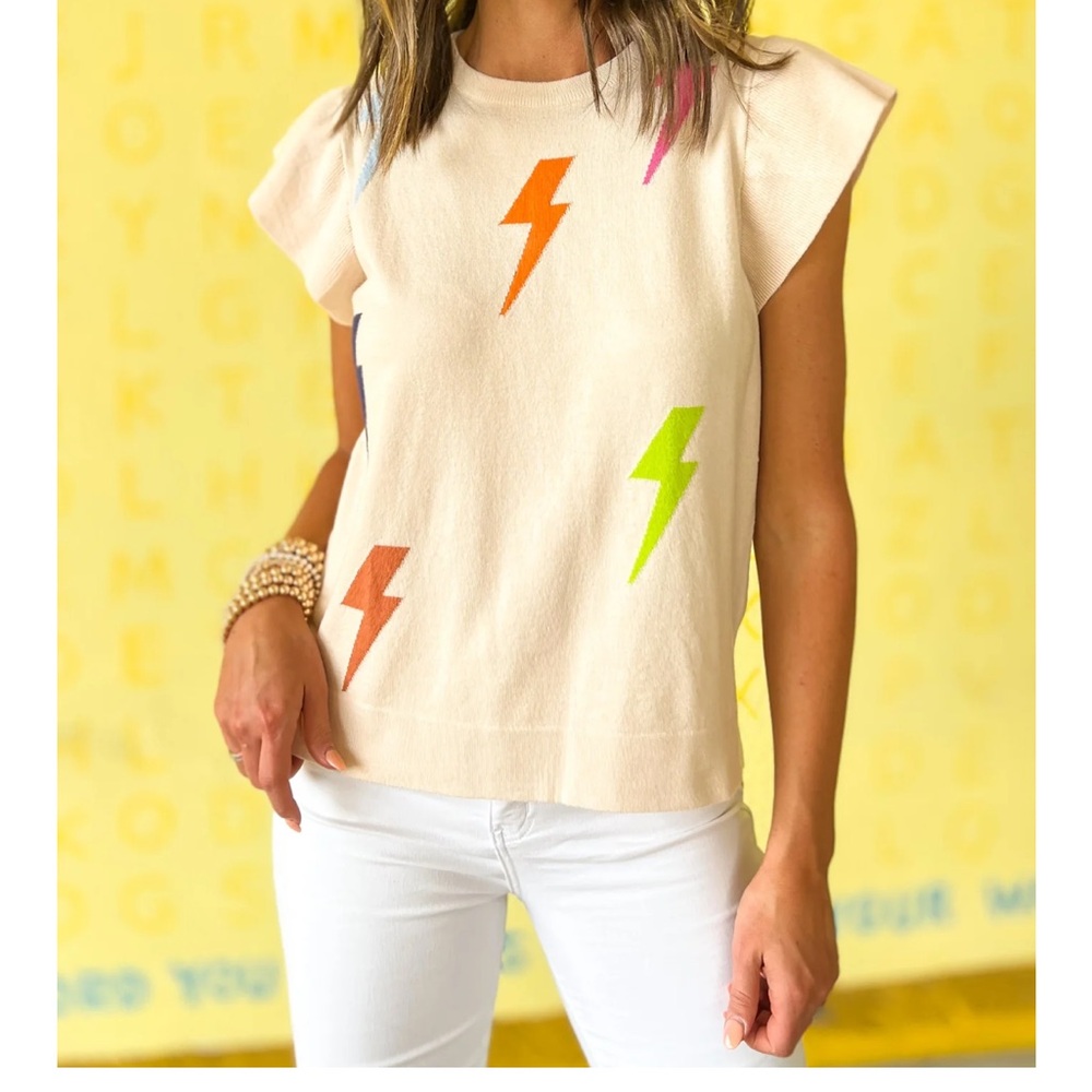 THML cream lightening bolt ruffle sleeve sweater